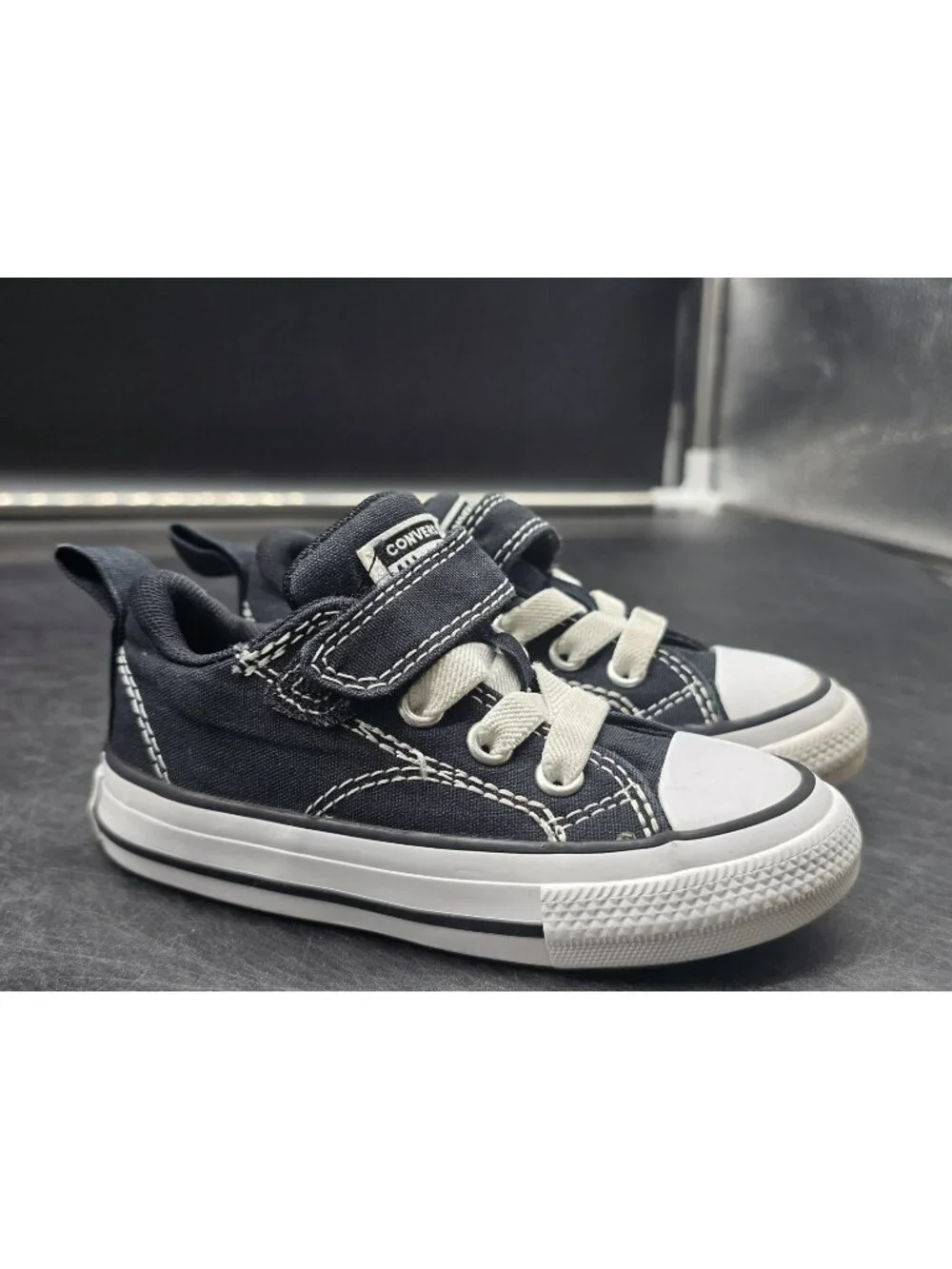 Converse All Star Shoes Boys Size 6 Black Strap Low Top Sneakers Stains